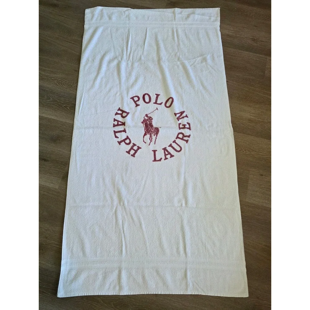 Vintage Polo Ralph Lauren Beach Towel White Red Logo 100% Cotton Made in USA